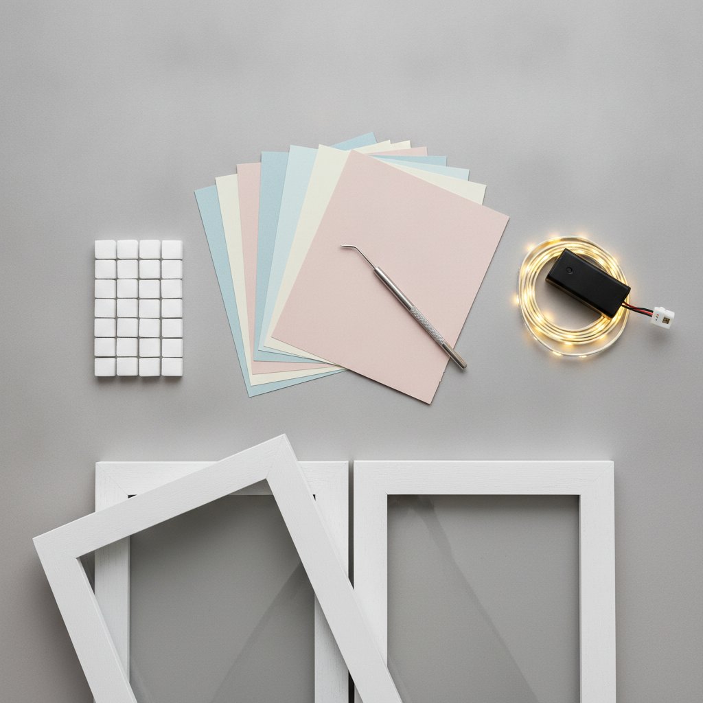 A flat-lay of paper cut shadow box supplies including stacked cardstock sheets, foam spacers, an LED light strip, a weeding tool and a deep box frame