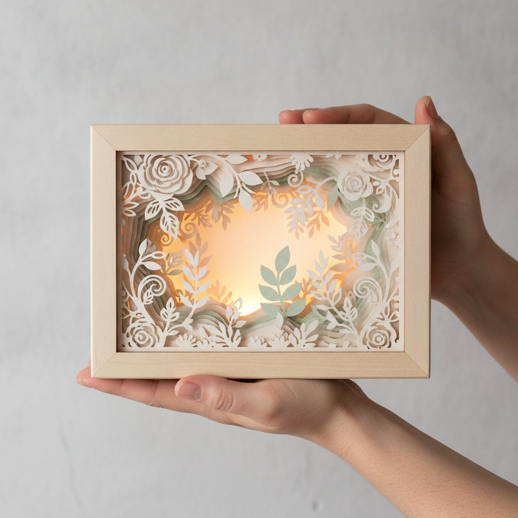 Hands holding up a finished first illuminated layered papercut shadow box with a softly glowing floral scene