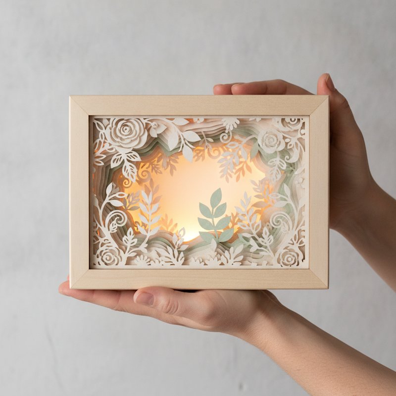Hands holding up a finished first illuminated layered papercut shadow box with a softly glowing floral scene