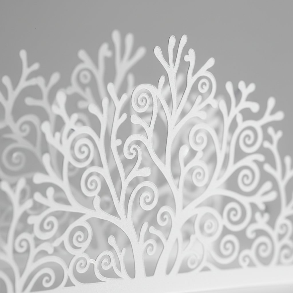 Extreme macro of an intricate cardstock layer with dozens of tiny delicate filigree cutouts and fine branch patterns