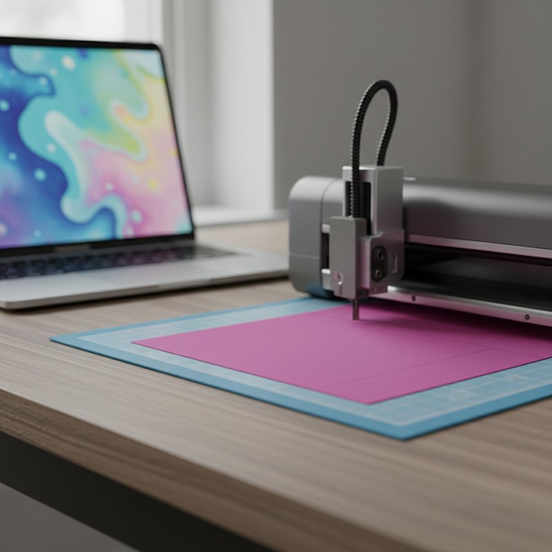 A cutting machine cutting a layer of colored cardstock on its mat with a laptop open beside it showing a blurred abstract design