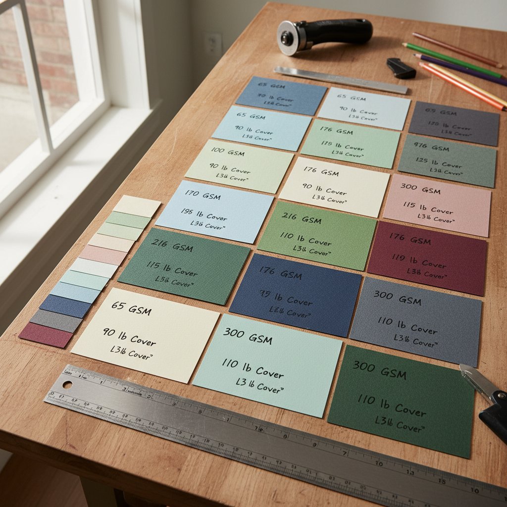 Different cardstock weight samples labeled with GSM and pound measurements for Cricut cutting reference