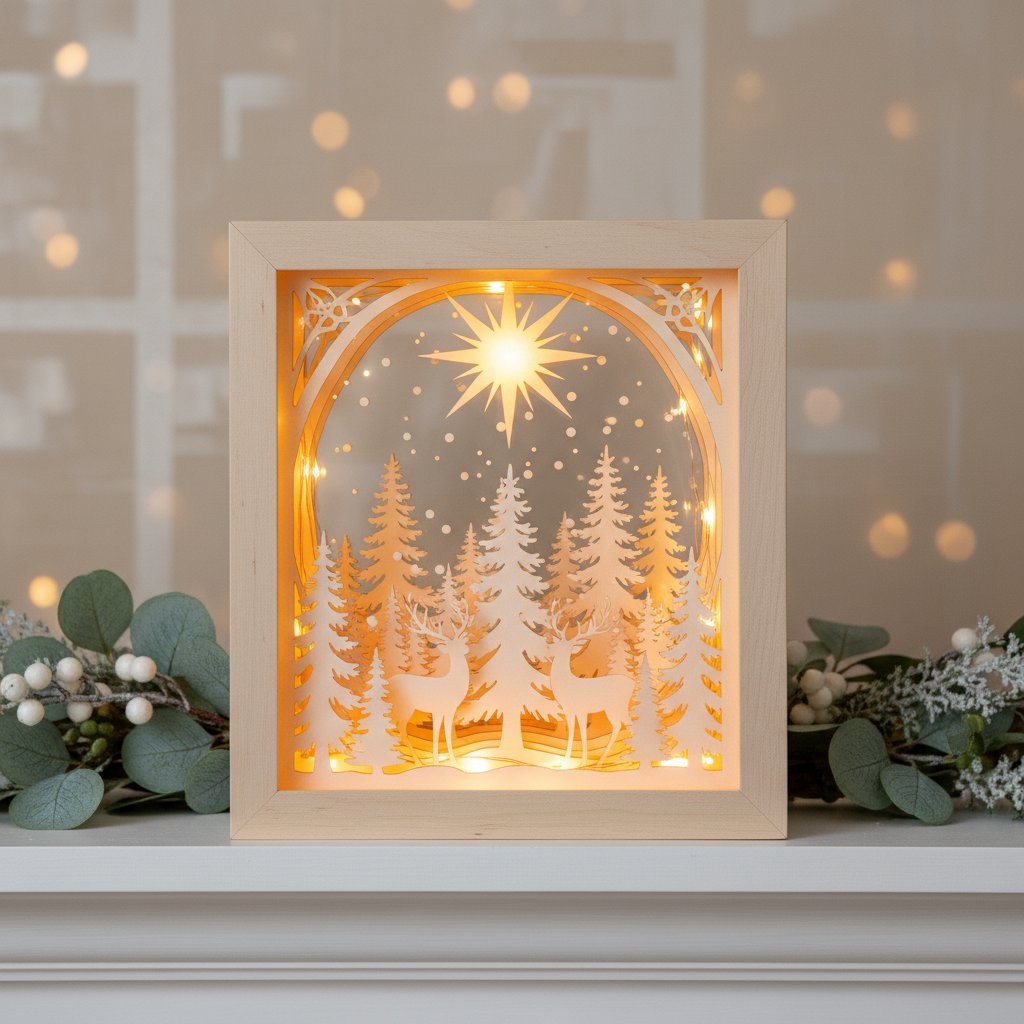 Finished glowing layered Christmas paper-cut shadow box centerpiece displayed on a mantel