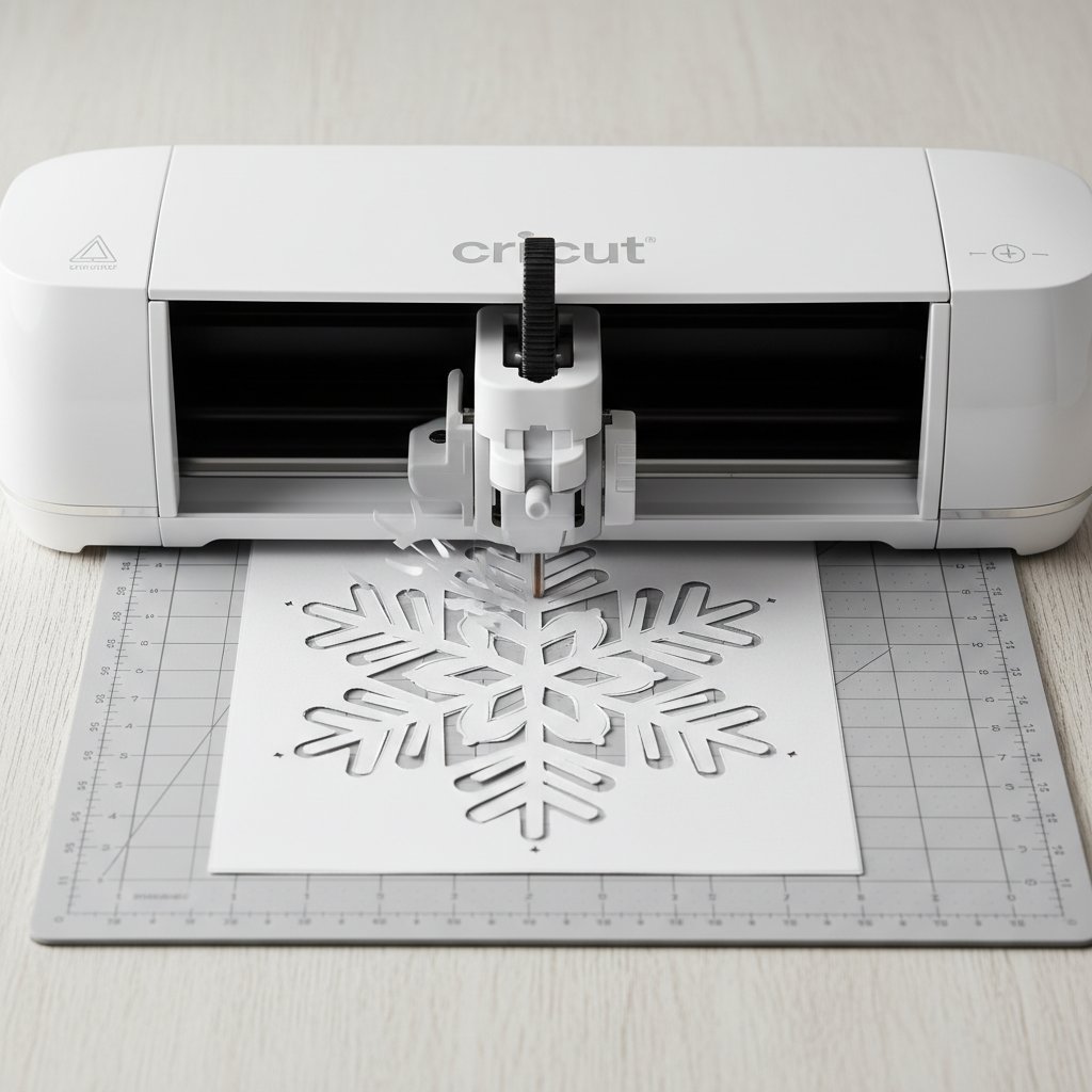 A Cricut machine precisely cutting an intricate Christmas snowflake from white cardstock