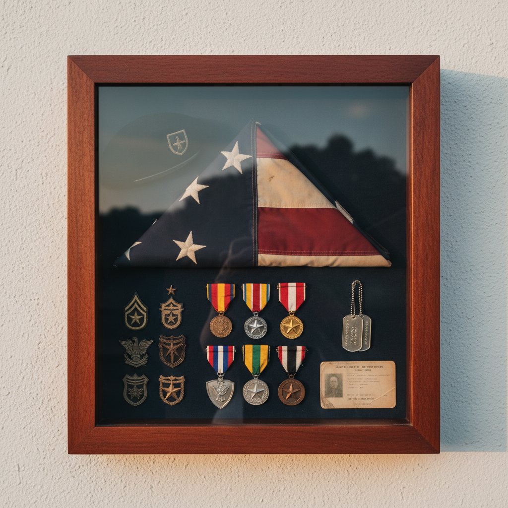 Traditional shadow box displaying military memorabilia including medals, badges, and folded flag in a deep frame with glass front