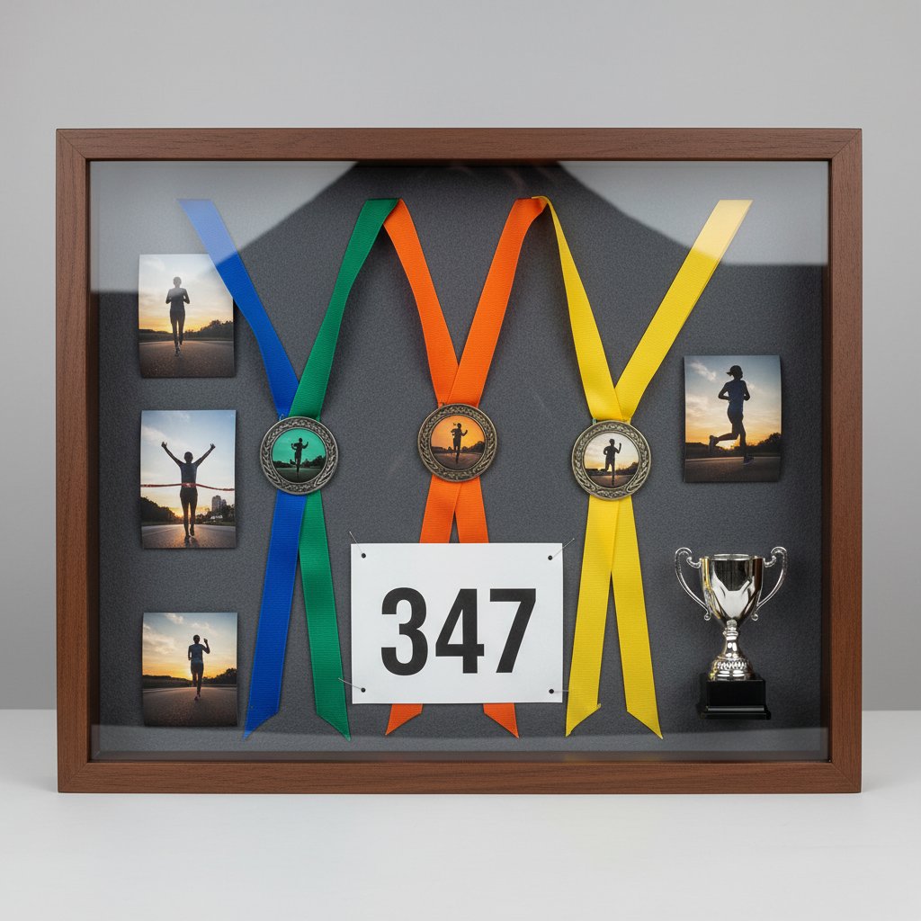 Sports achievement shadow box with running medals ribbons a race bib and a small trophy