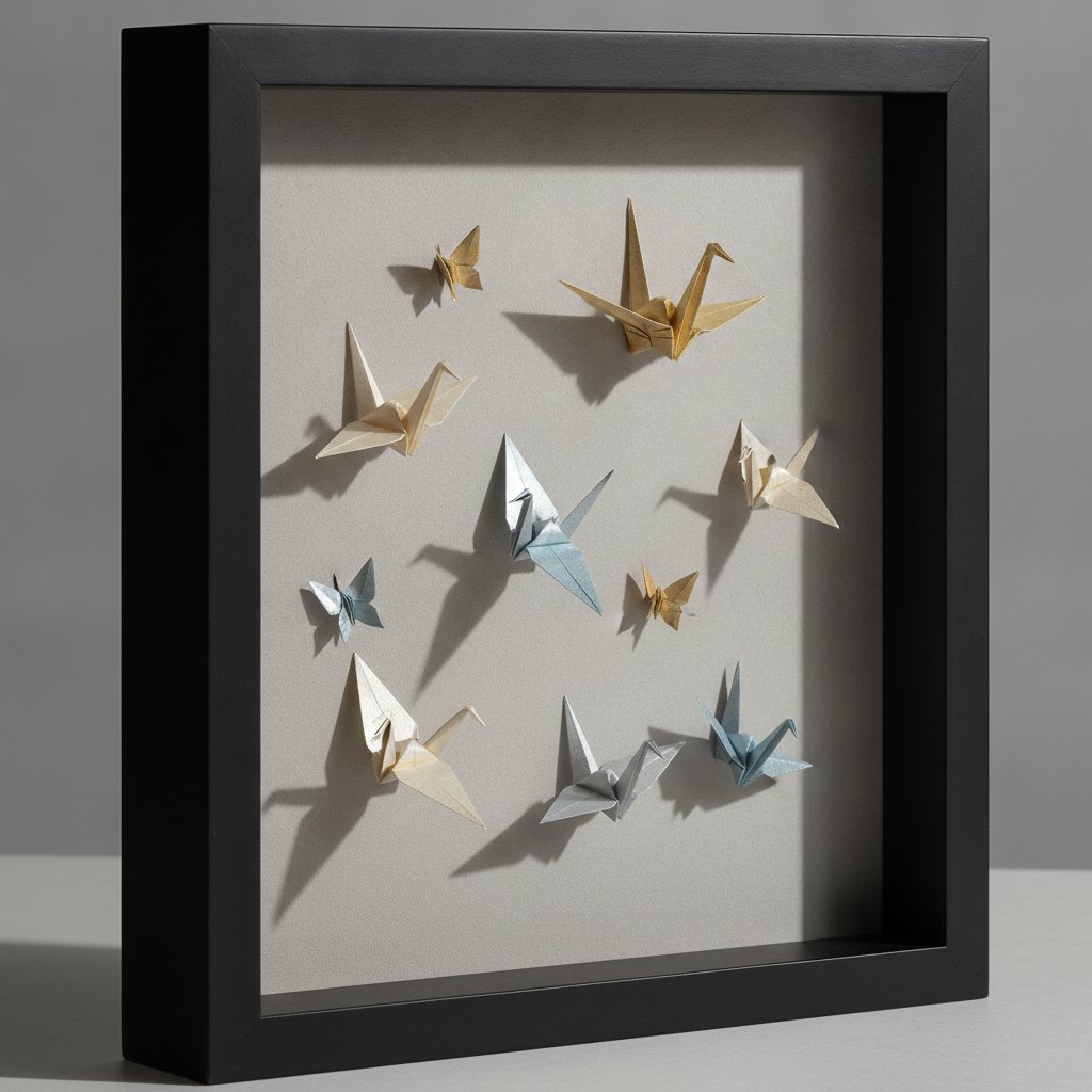 Finished origami shadow box display with folded paper cranes and butterflies arranged inside a deep black frame