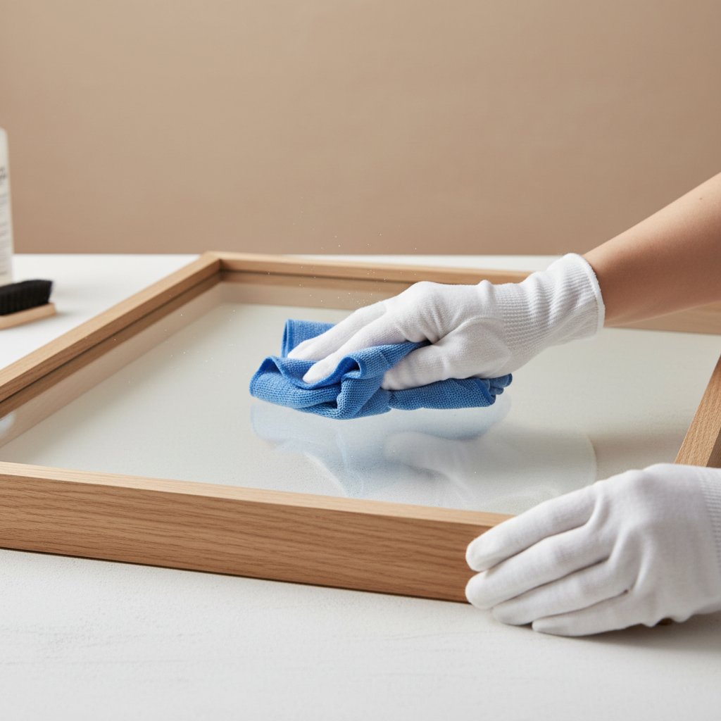 Hands cleaning the glass pane of a shadow box frame with a microfiber cloth before final assembly