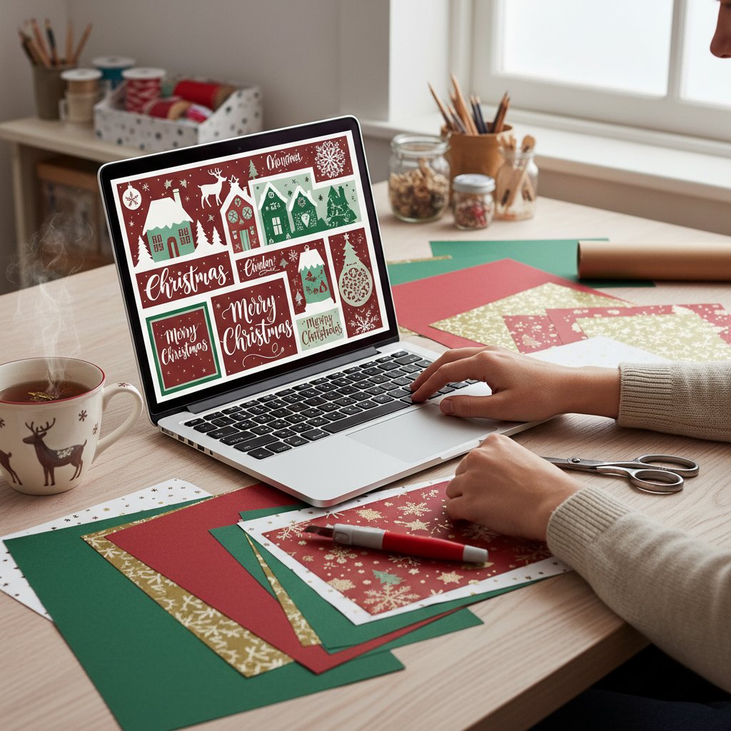 Crafter browsing Christmas papercut designs on a laptop with holiday cardstock samples