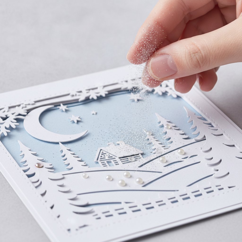 Fine glitter and tiny liquid pearl drops added to a cut cardstock papercut layer of a winter scene