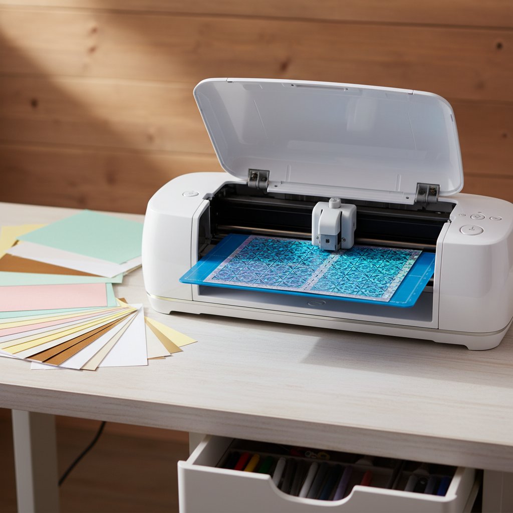 A Cricut cutting machine mid-project on a bright craft desk beside sheets of cardstock