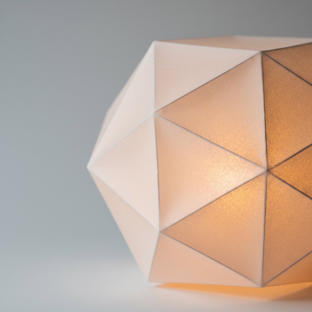 Geometric folded origami paper lantern in translucent parchment glowing with a warm LED