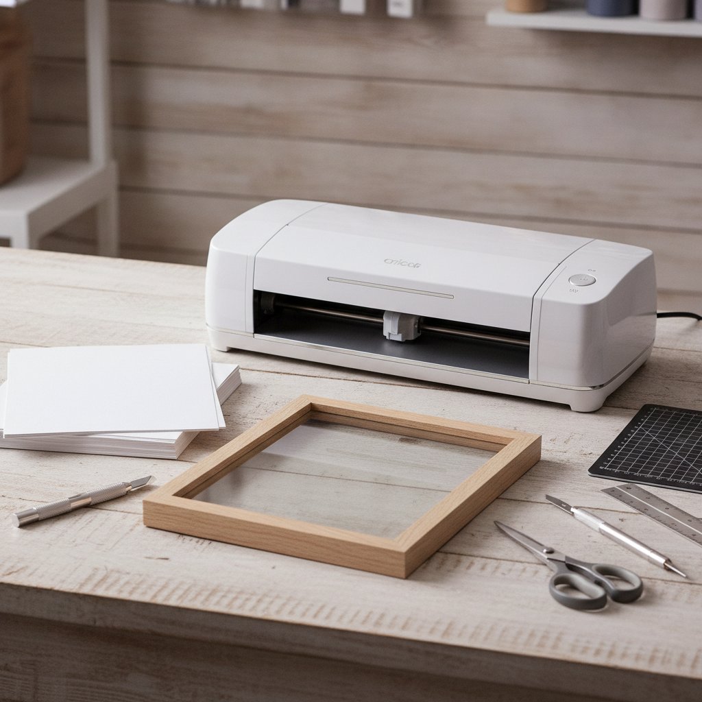 A tidy beginner craft workspace with a cutting machine, white cardstock, a deep box frame and basic tools ready to plan a first shadow box