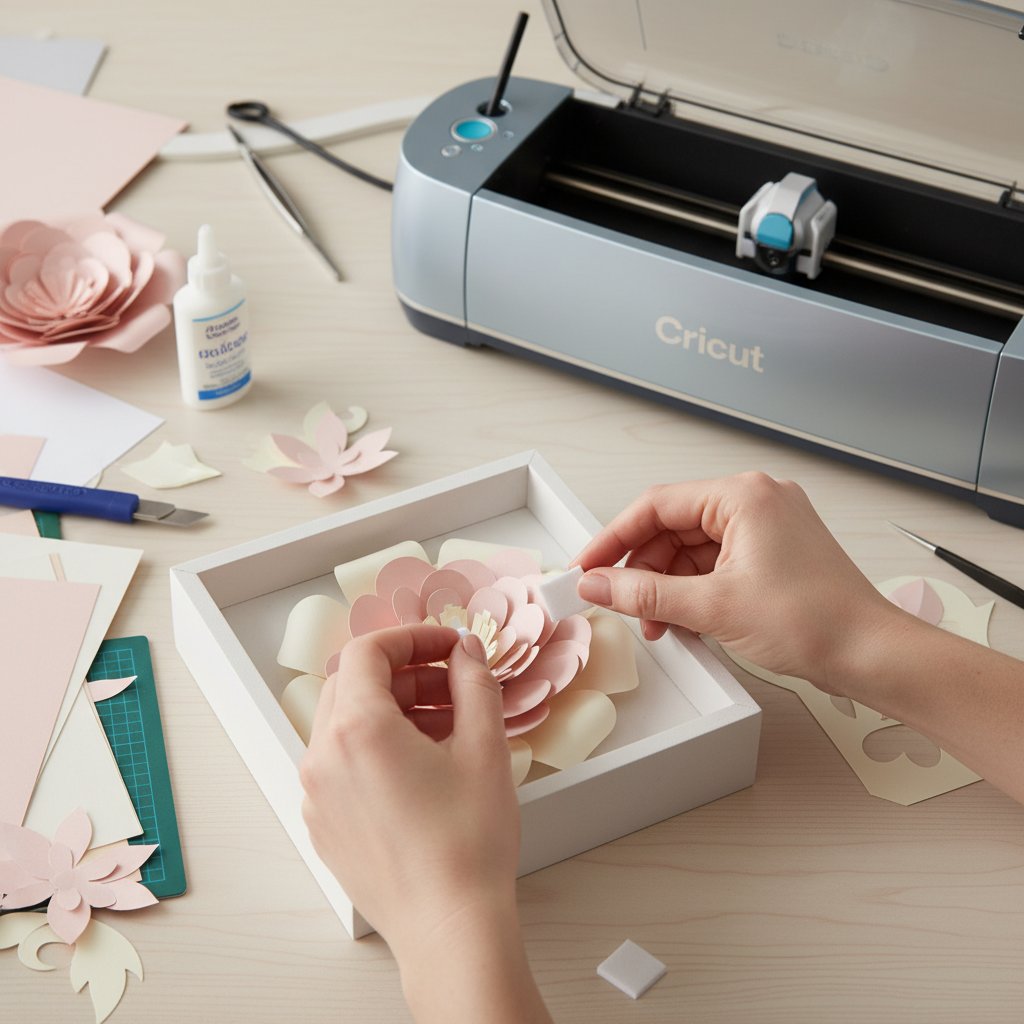 Hands attaching foam spacers to layered paper flower shadow box layers beside a Cricut machine