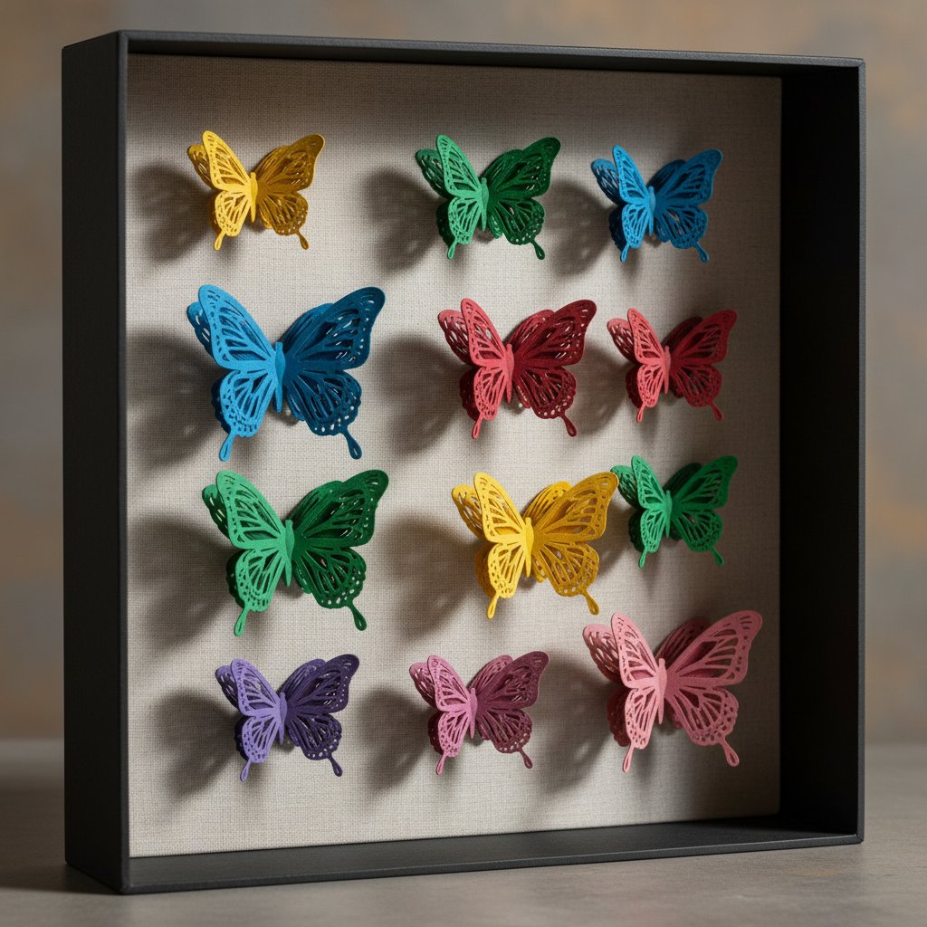 Layered paper-cut butterfly silhouettes in colorful cardstock arranged like specimens in a shadow box