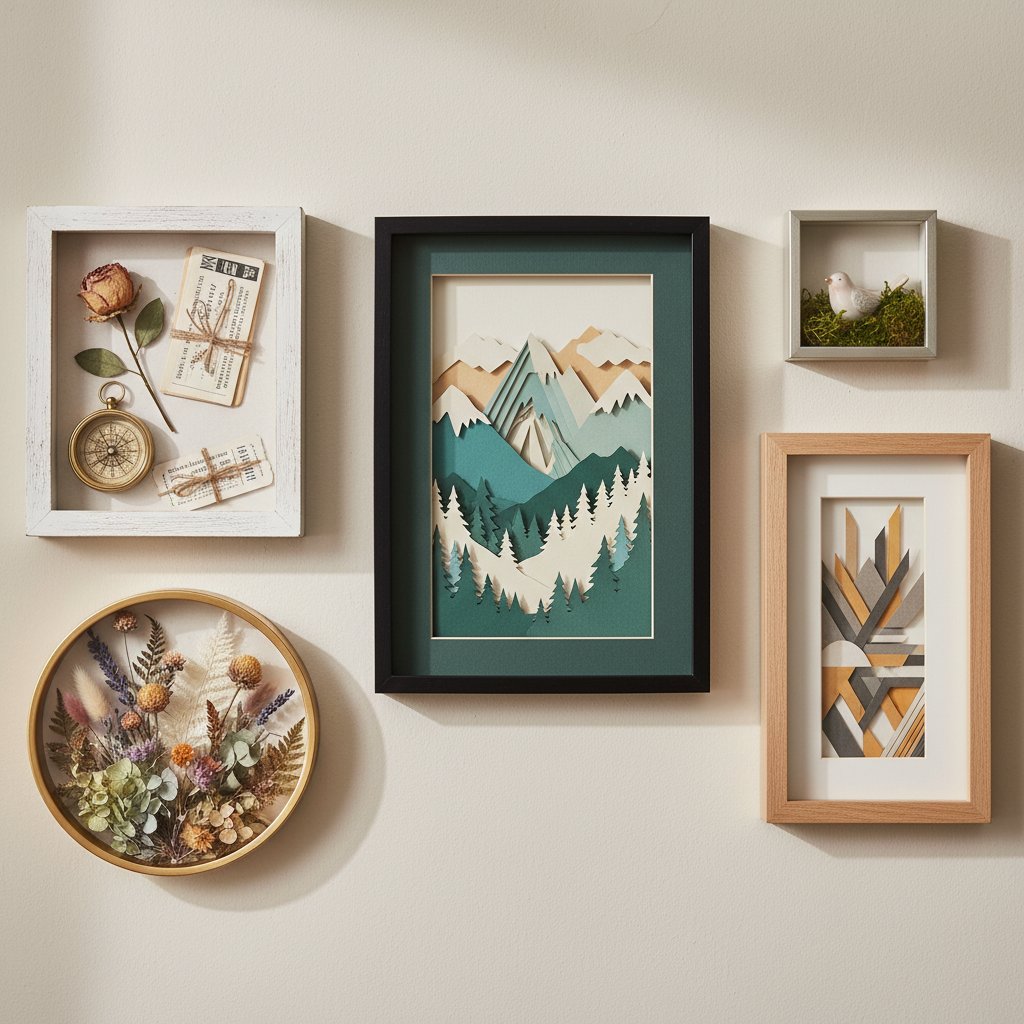 A gallery wall of diverse finished DIY shadow boxes including papercut art, keepsakes, and floral displays