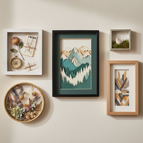 Gallery wall of diverse finished DIY shadow boxes including papercut art keepsake and floral displays