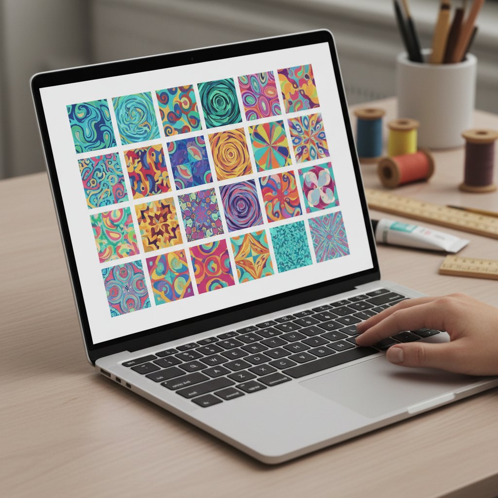 Laptop screen showing a neat grid of colorful design thumbnails like a digital template gallery