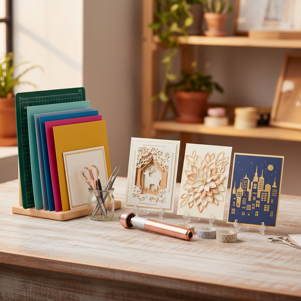 A tidy craft station with neatly stored colored cutting mats and finished layered papercut cards