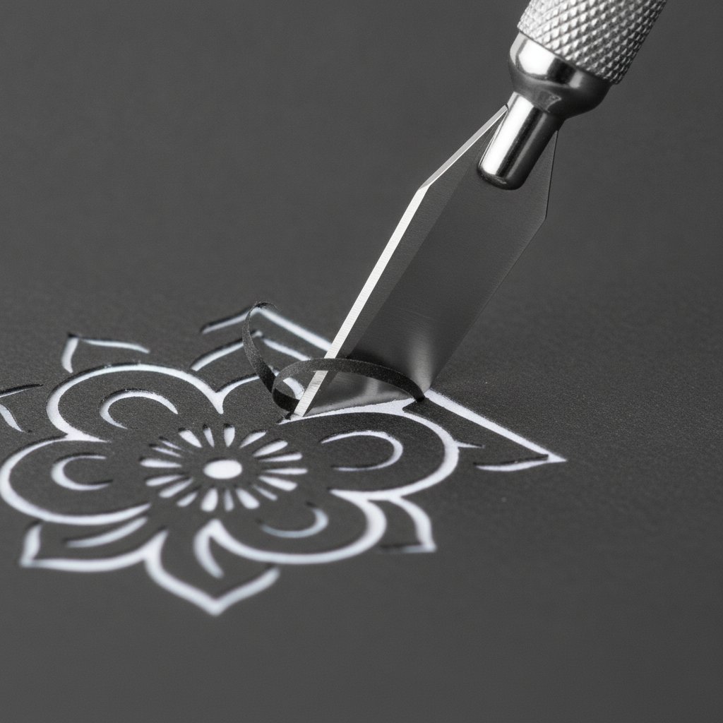 A fresh sharp craft knife making a clean precise cut through dark cardstock on an intricate floral papercut design