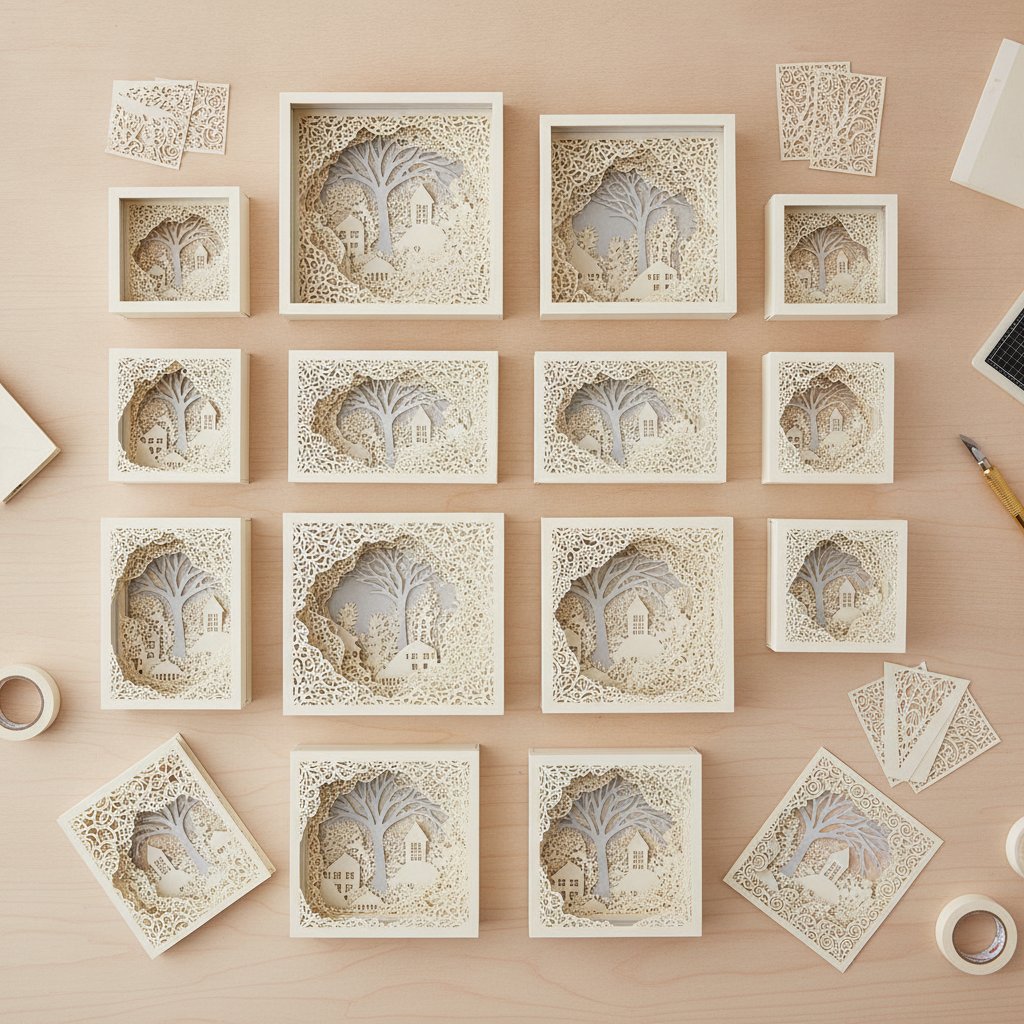 Sets of cut cardstock shadow box layers in several different sizes arranged for various frame dimensions