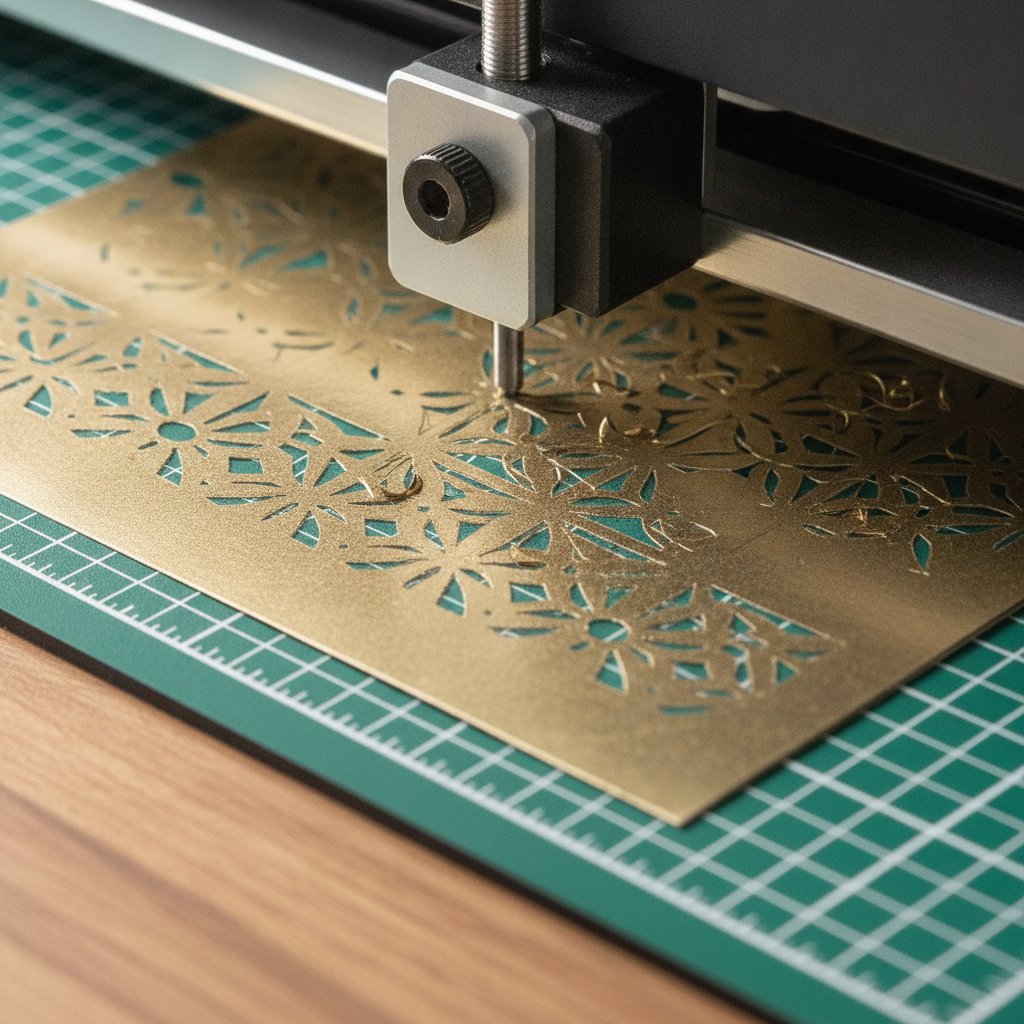 A cutting machine mid-cut on a sheet of gold metallic cardstock cutting an intricate design on a cutting mat