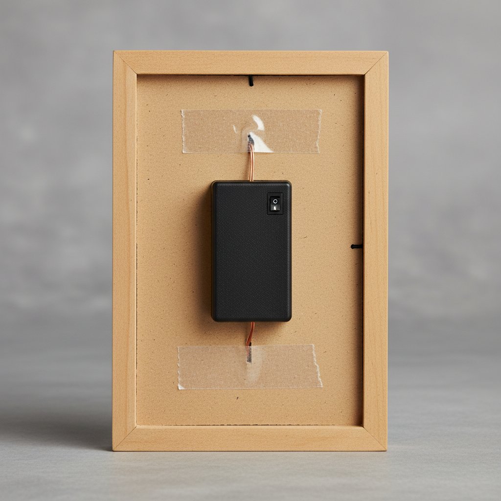 The back of a shadow box frame with an LED battery pack taped on and the wire passing through a small notch in the backing