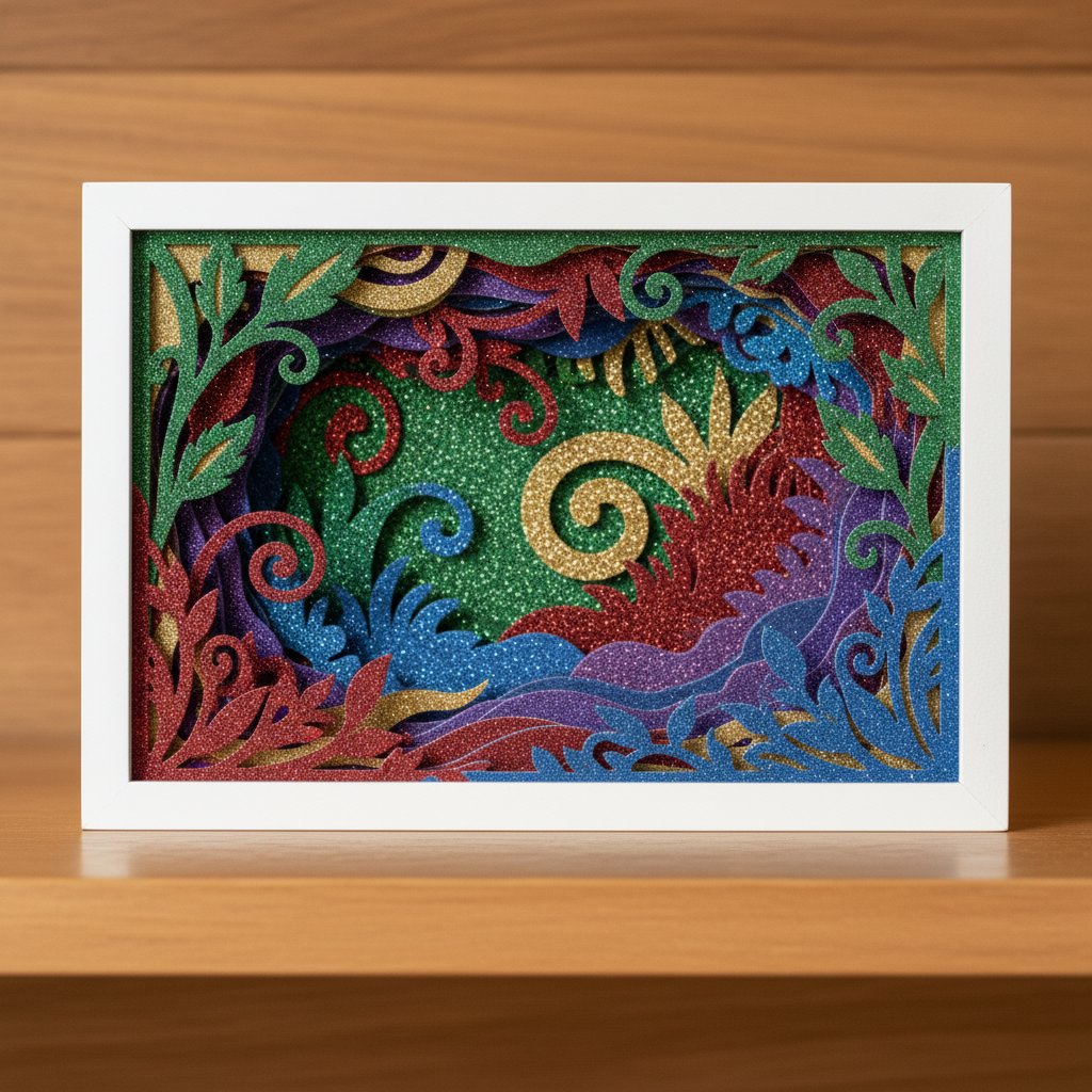 Finished multi-layer paper shadow box made from sparkling jewel-tone glitter cardstock layers displayed on a shelf