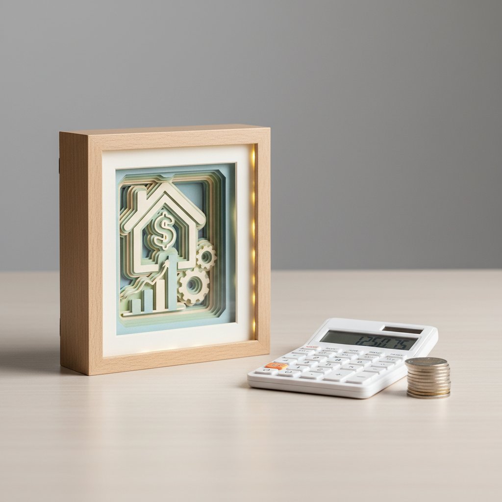 Finished paper-cut shadow box beside a calculator and coins suggesting cost comparison