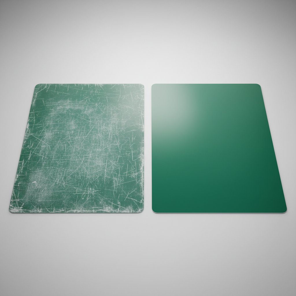 An old worn scratched cutting mat beside a freshly restored clean glossy cutting mat