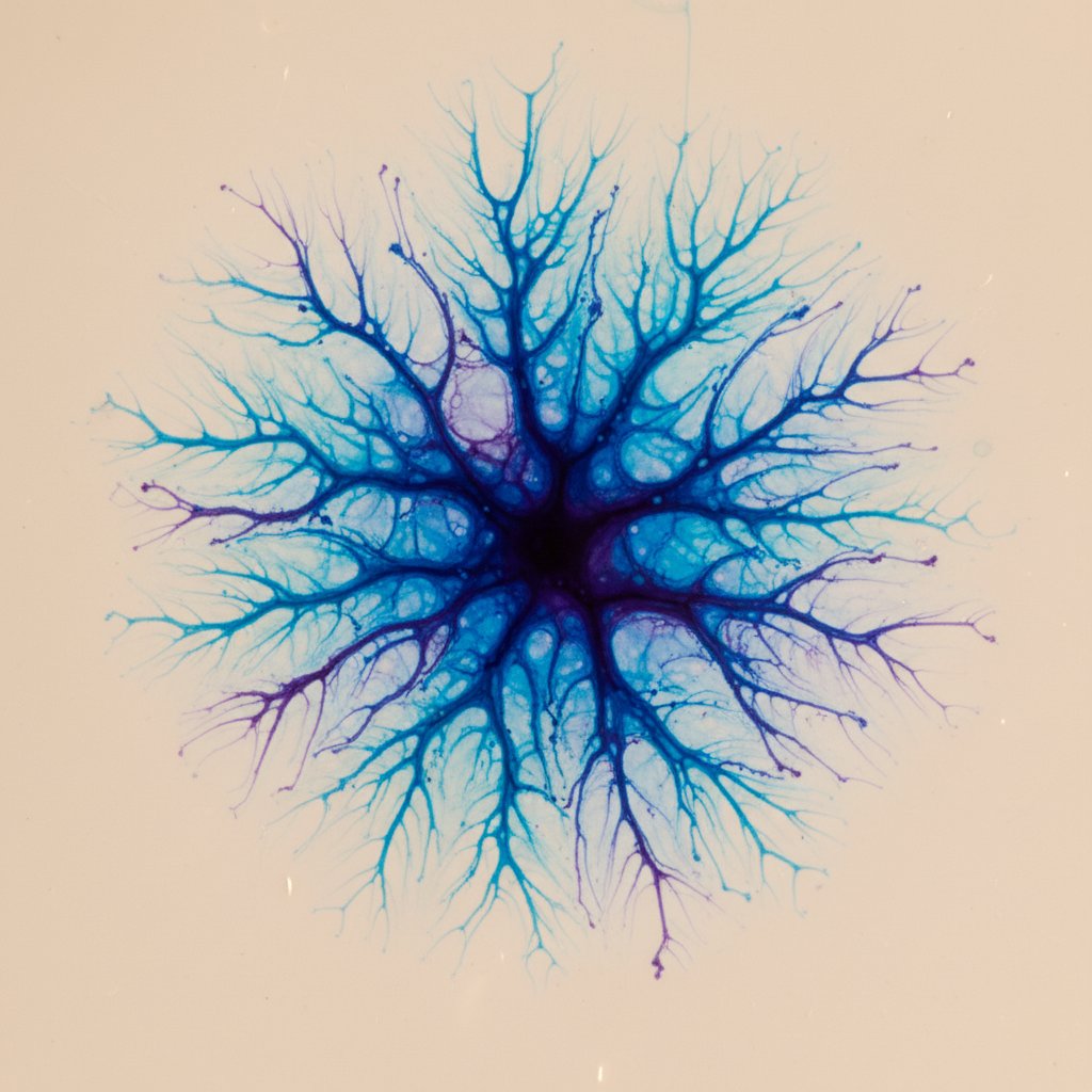 Drop of blue alcohol ink blooming across glossy Yupo paper