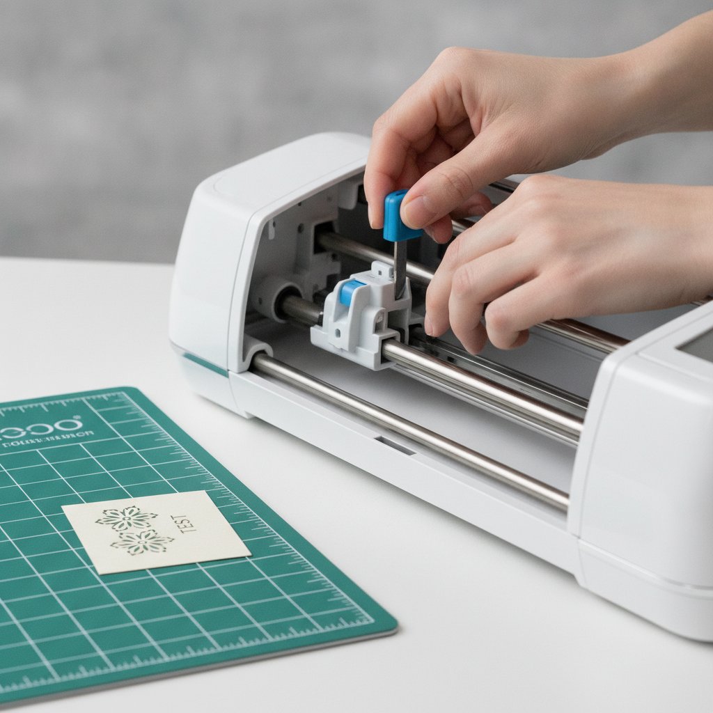 A fresh fine-point blade being installed into a cutting machine beside a clean cutting mat