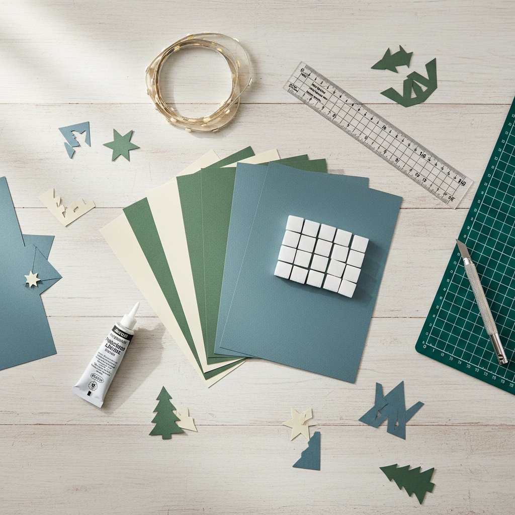 Shadow box crafting materials neatly organized including cardstock, foam spacers, LED lights, precision glue, and measuring tools on a clean workspace