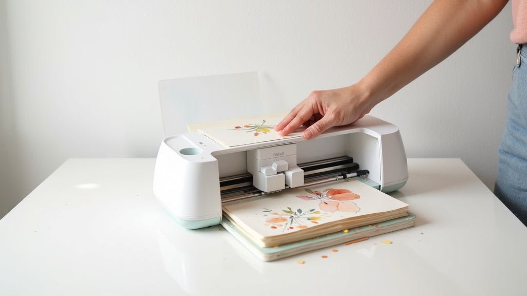 Person using Cricut cutting machine to create floral paper crafts on white desk