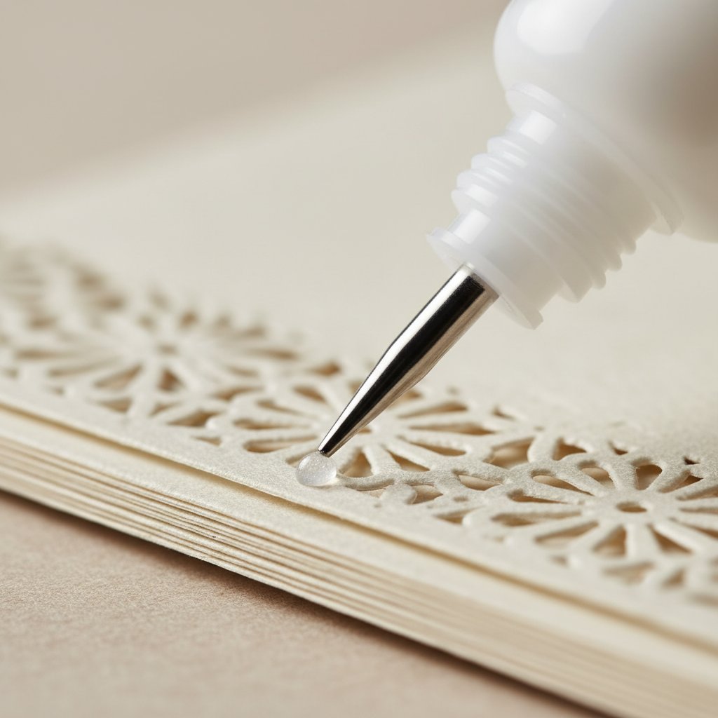 Fine-tip liquid craft glue applicator applying a tiny dot of glue to the edge of a paper-cut layer