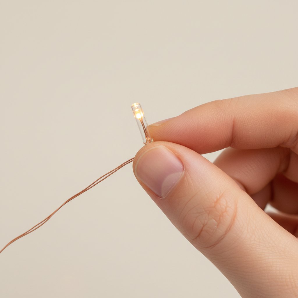 A tiny warm-white LED fairy light bulb held between fingertips showing it stays cool to the touch