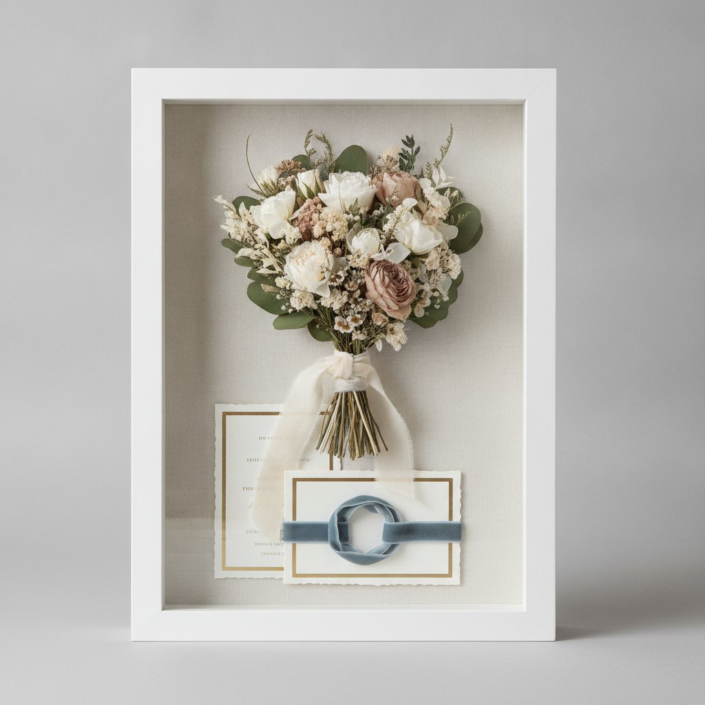 Traditional shadow box displaying wedding keepsakes including a dried flower bouquet and ribbon — the preservation style a paper-cut wedding shadow box is designed to outlast