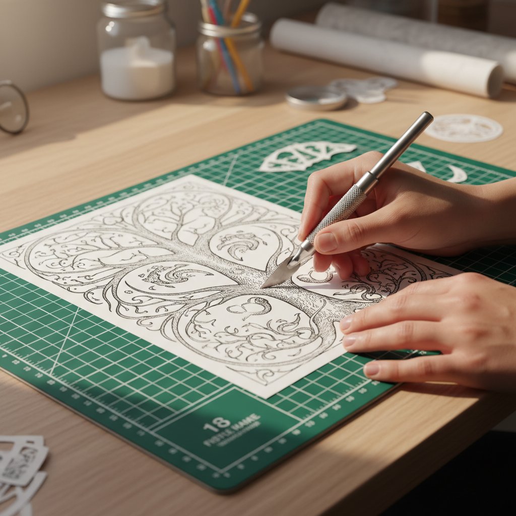 Printed papercut shadow box template being cut by hand with a craft knife