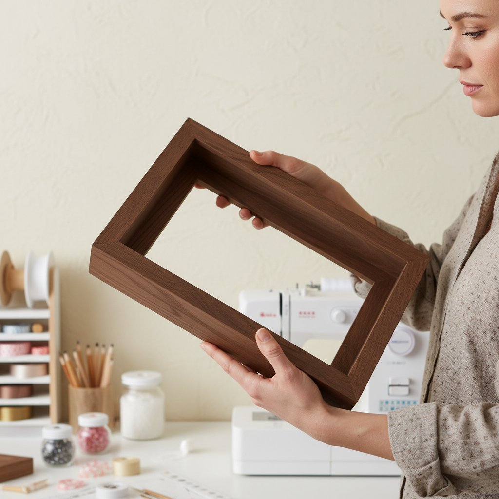 Crafter holding up and inspecting an empty deep wooden shadow box frame before purchase