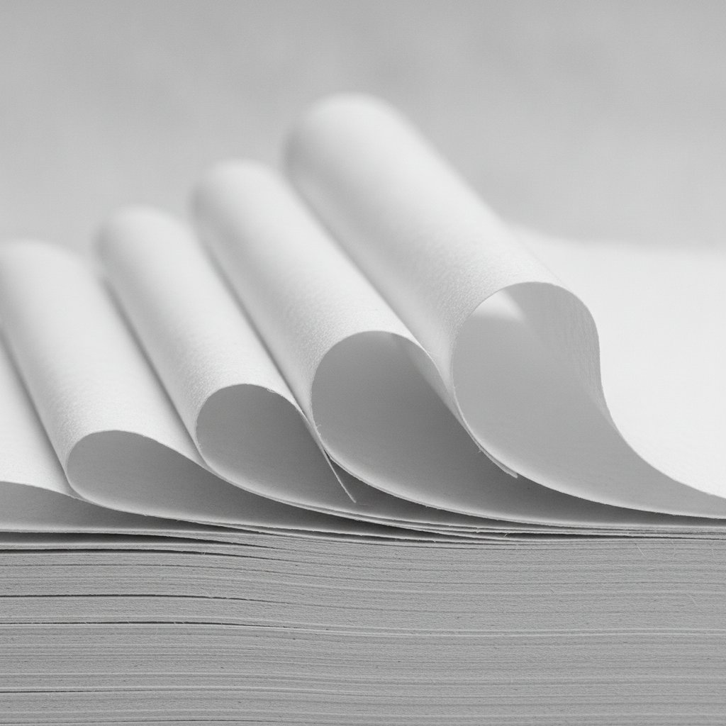 Extreme close-up of the curled lifting edges of a stacked sheet of cardstock showing edge curl from uneven moisture