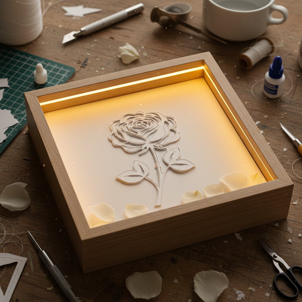 Simple floral silhouette shadow box with layered rose petals creating depth through backlighting