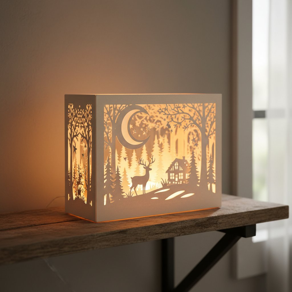 A finished illuminated paper-cut shadow box glowing warmly as a focal point on a dim room wall