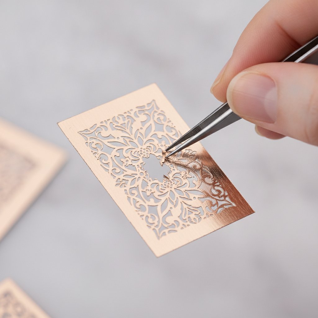 A small intricate test cut design on a scrap of rose gold metallic cardstock being weeded with a hook tool