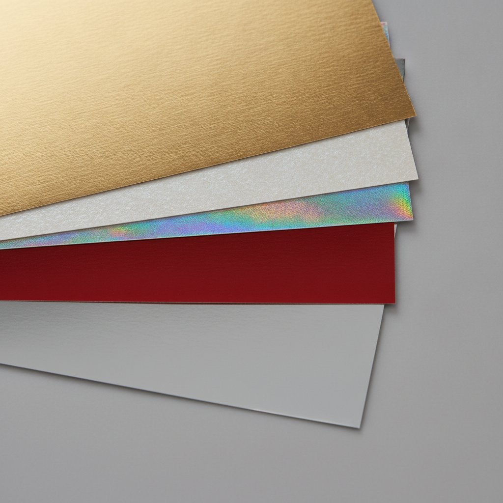 Assorted sheets of metallic, pearl, holographic and foil cardstock fanned out showing reflective finishes