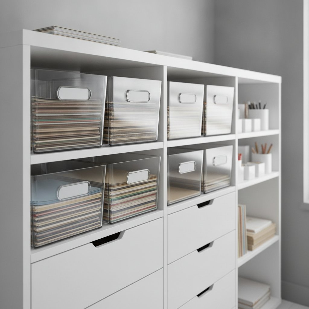A tidy craft room shelf with well-organized cardstock stored flat in labeled bins and drawers, an ideal storage system