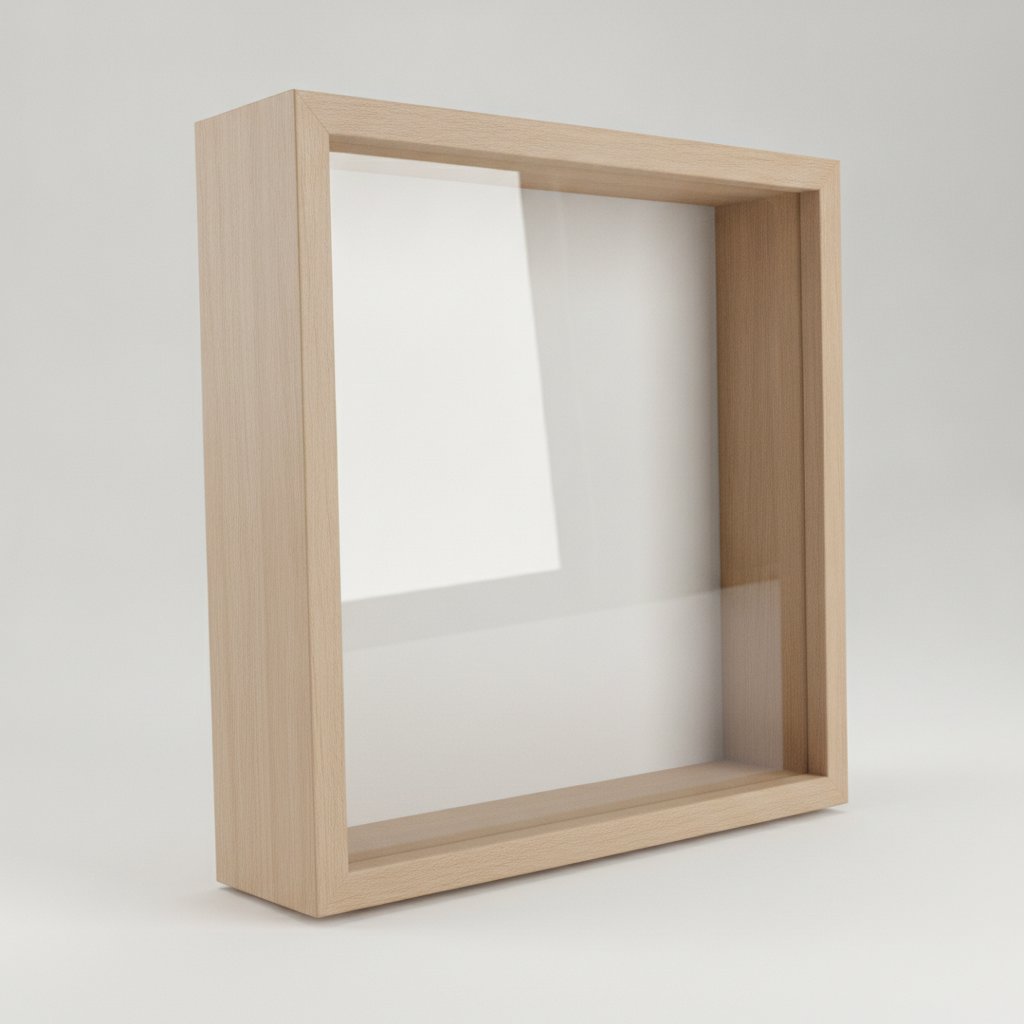 An empty deep box shadow frame photographed at an angle to show its deep side profile and interior depth with glass front
