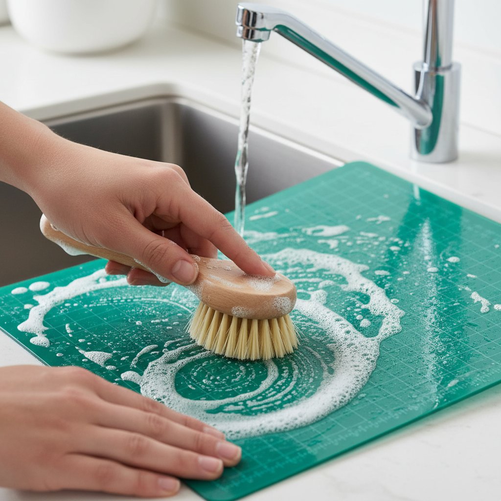 Hands scrubbing a green cutting mat with a soft-bristle brush and soapy water in a sink