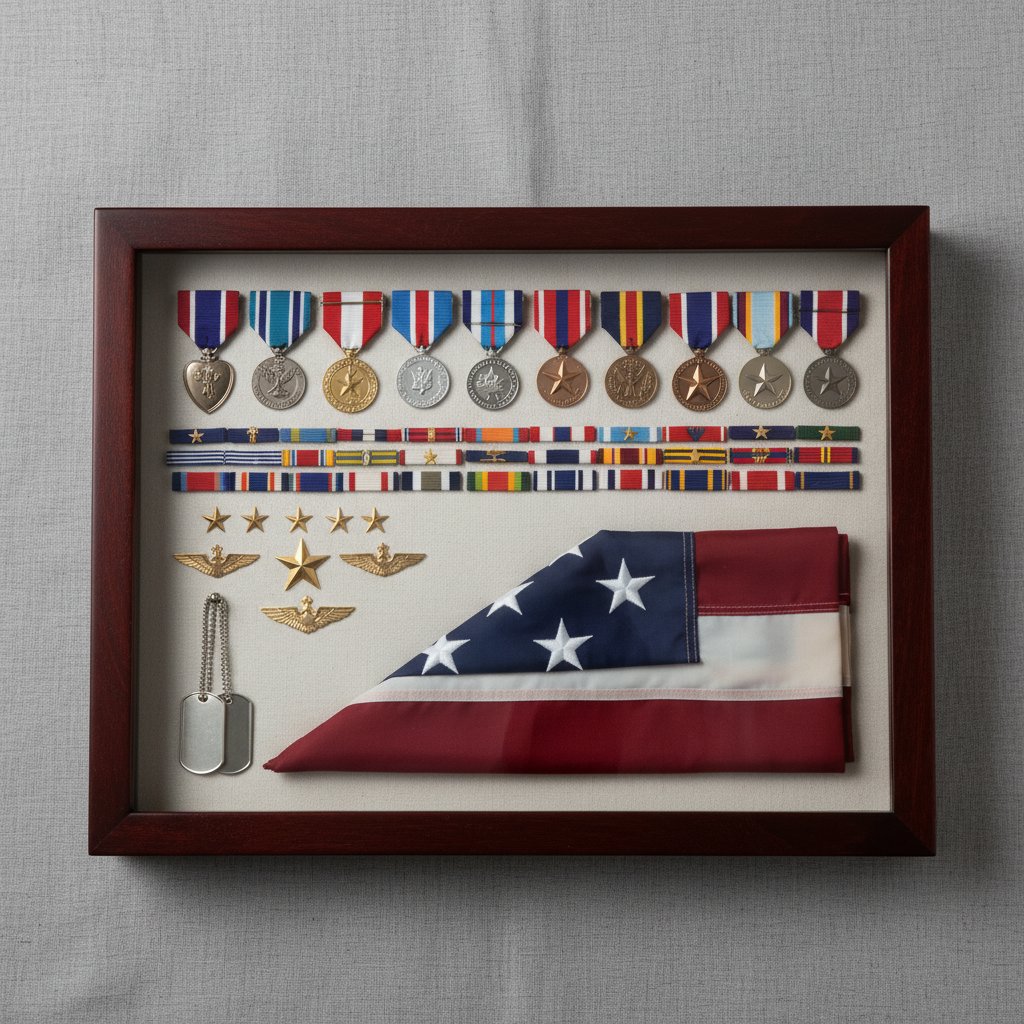 Military medals and service memorabilia shadow box with ribbons rank insignia and a folded flag