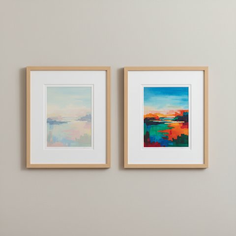 Two identical framed paper art prints side by side, the left severely sun-faded and pale, the right vivid with saturated colors