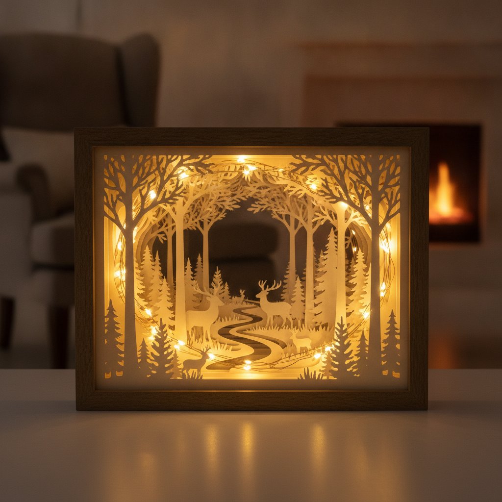 Tiny battery-operated fairy lights woven between the cut paper layers of a shadow box